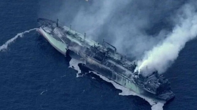 fire damaged Russian gas carrier