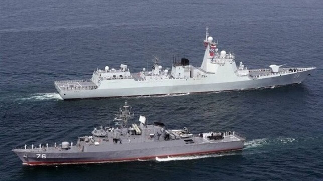 A dated photo of Chinese destroyer CNS Urumqi, top - a warship which has not seen in the region in two years - was used in Iranian coverage of recent drills (Mehr News)