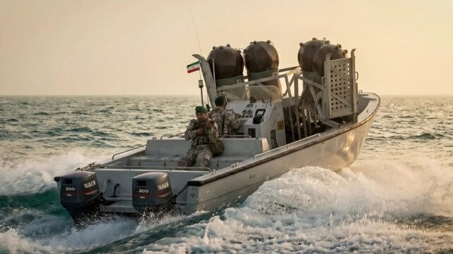 An IRGCN fast patrol boat with naval mines. (Courtesy of Tasnim News Agency)