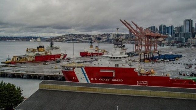 three USCG icebreakers berthed together in Seattle