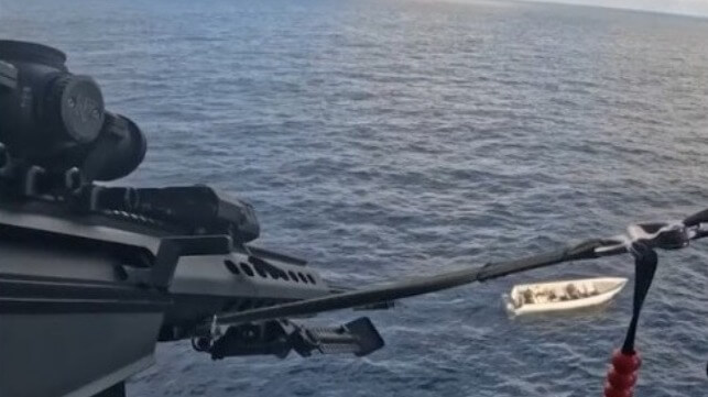 A Coast Guard sniper disables a drug boat's engines with a .50-caliber rifle (USCG)