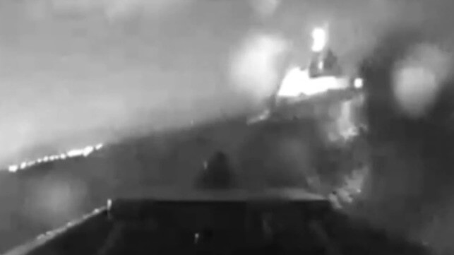 A drone boat homes in on a Russian patrol vessel (Courtesy Ukrainian Navy)